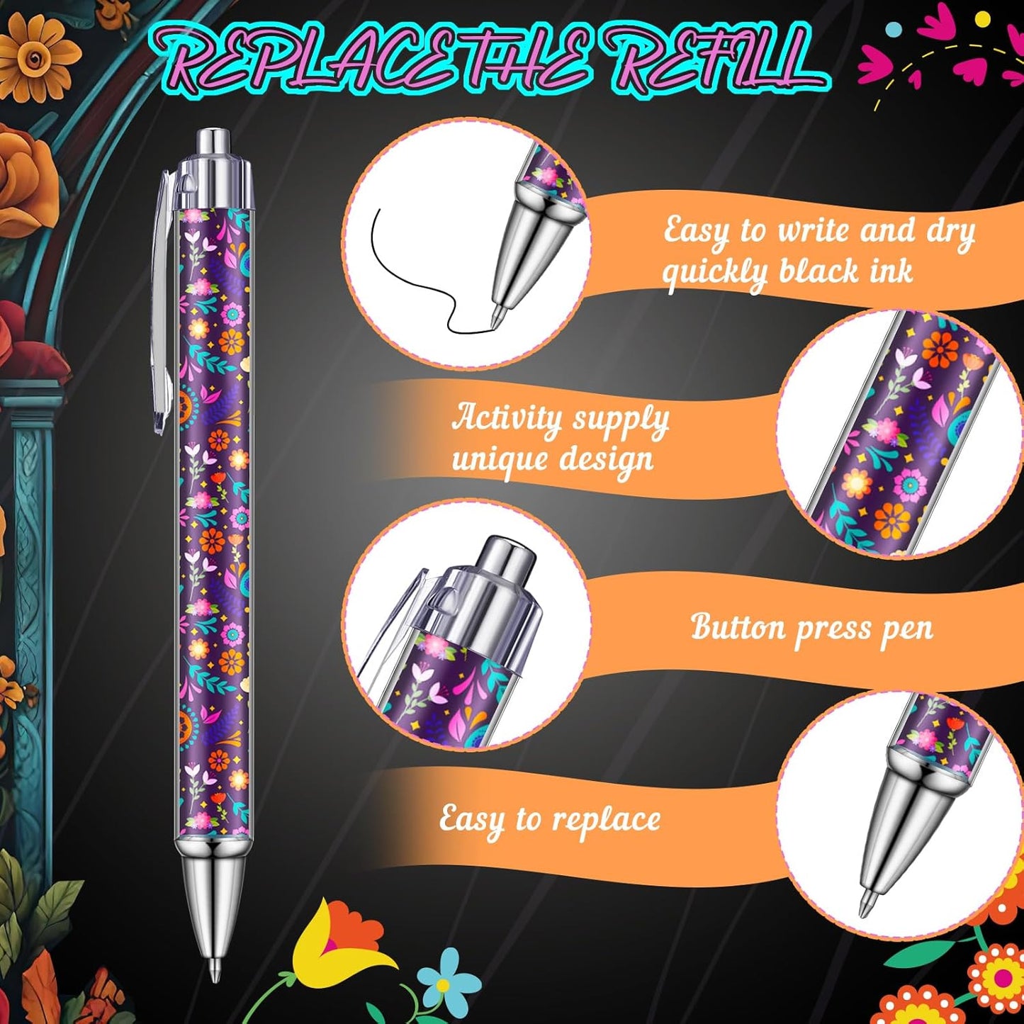 24 Pcs Day of the Dead Gifts Pens Dia De Muertos Party Favors Skull Ballpoint Pen Halloween Party Decoration Dia De Muertos Gifts for College Office Business Men Women Retired Supply