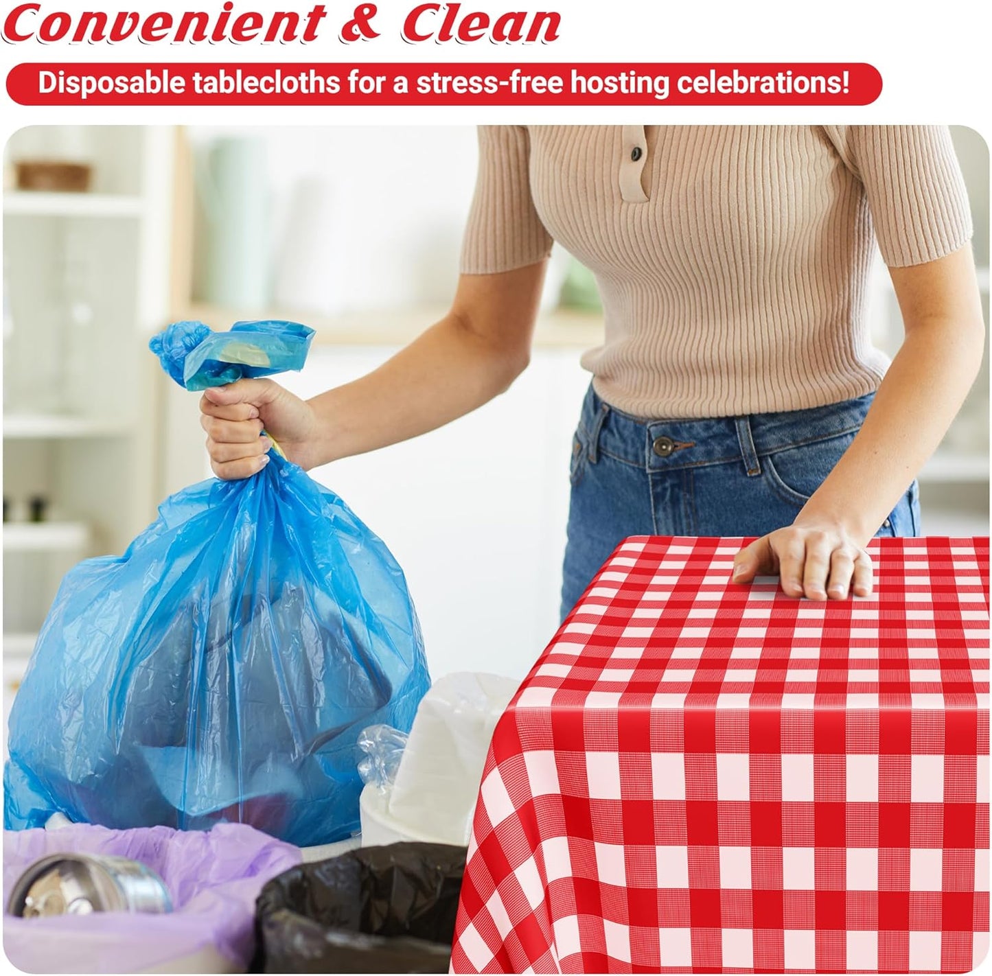 4Pack Plastic Table Cloth Ddisposable, 54" x 108" Table Cloth Rectangle Table, Waterproof Red and White Checkered Tablecloth, Outdoor Picnic Table Cover for Birthday Party Gathering Holiday Dinner