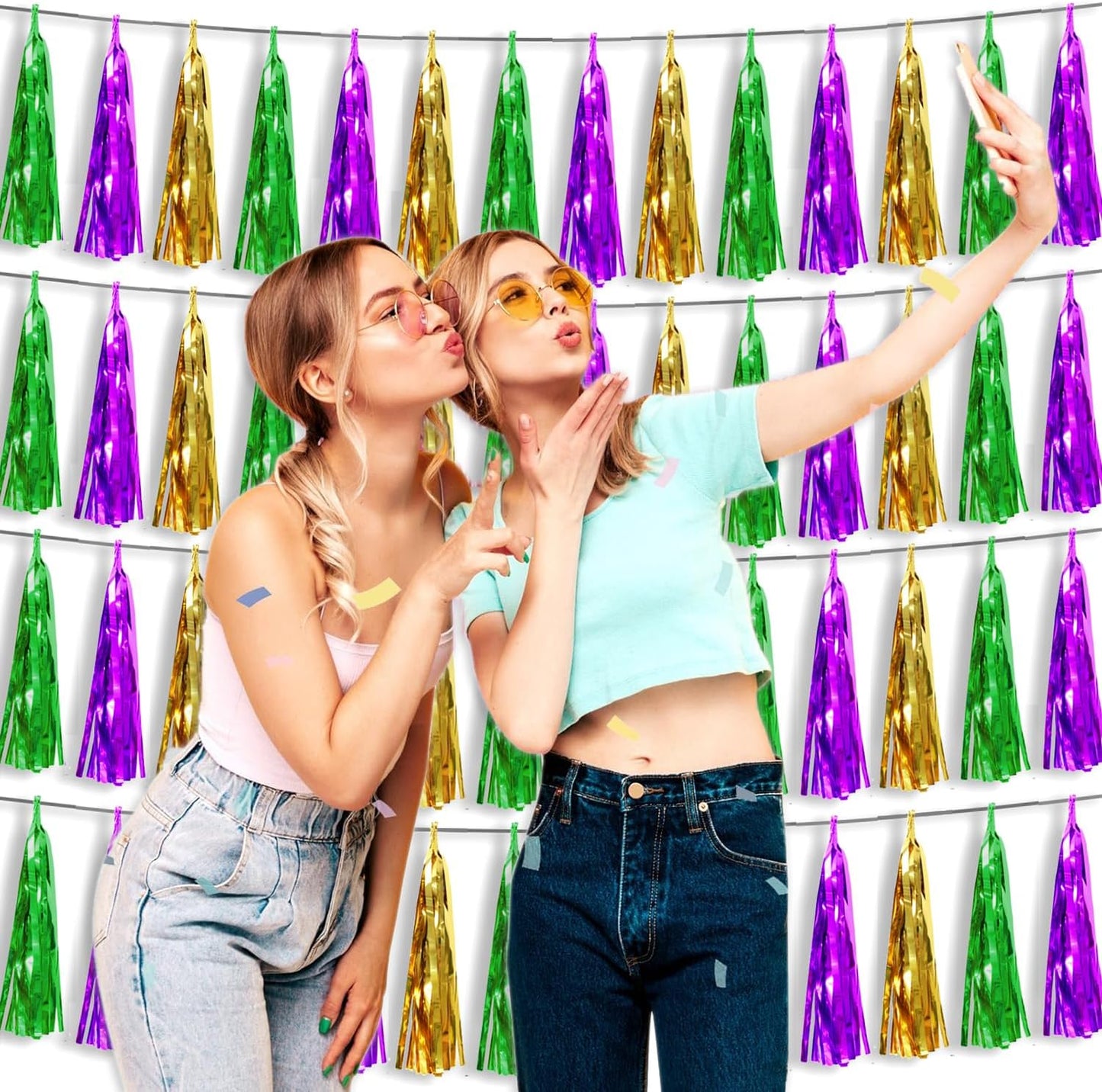 4P Gold Green Purple Foil Fringe Tassel Banner Garland Metallic Tinsel Streamers Wall Hanging Curtain Backdrop Banner for Parade Floats, Graduation 2024, Carnival Mardi Gras Party Decorations