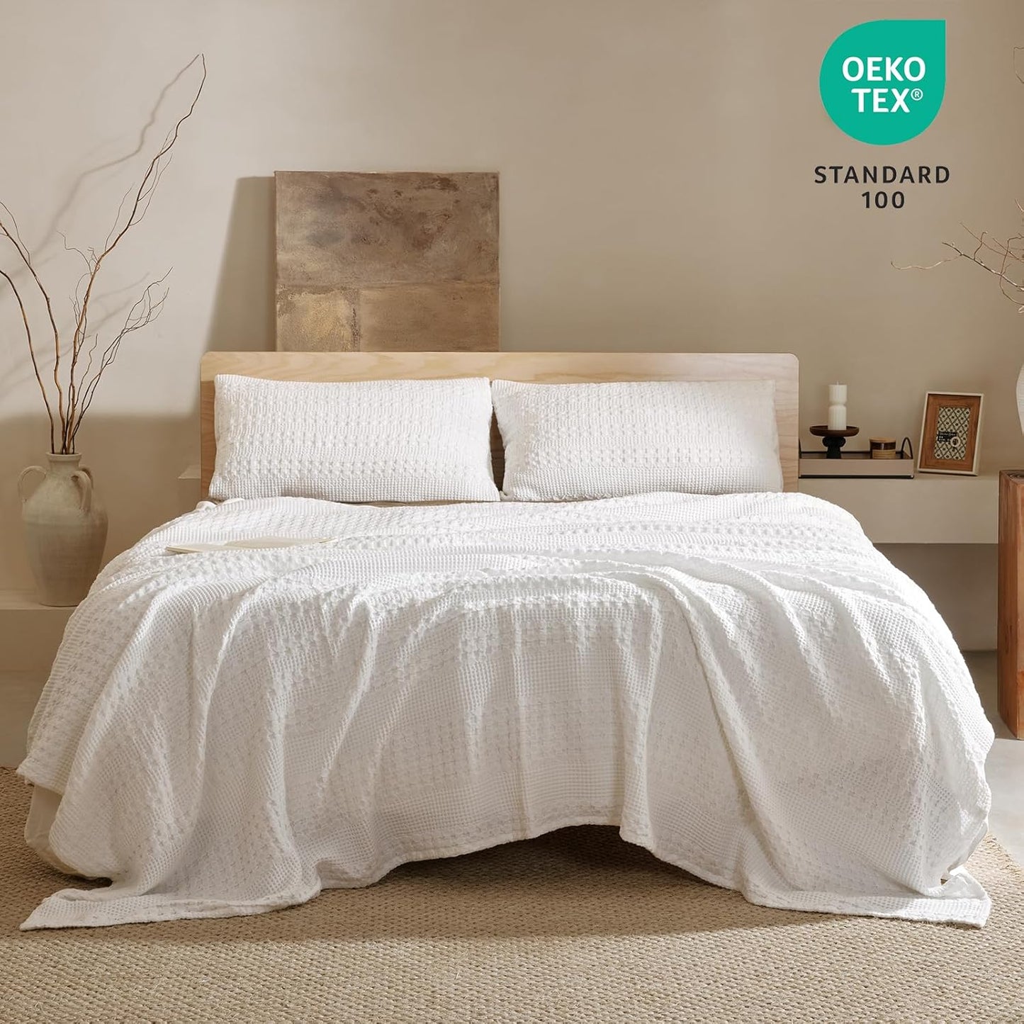 PHF 100% Cotton Waffle Weave Blanket Twin Size for Bed, Soft Lightweight & Breathable, All-Season Comfort, Luxury Aesthetic Woven Bedding for Home Decor, 66"x90", White