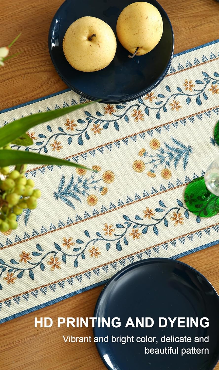 ISAENNE Designer Pale Yellow Elegant Linen Table Runner 71 Inches Long,French Floral Pattern Elegant Table Runners for Dining Tables,Thanksgiving,Kitchen Tables,Christmas,12"*71"-Estevan A