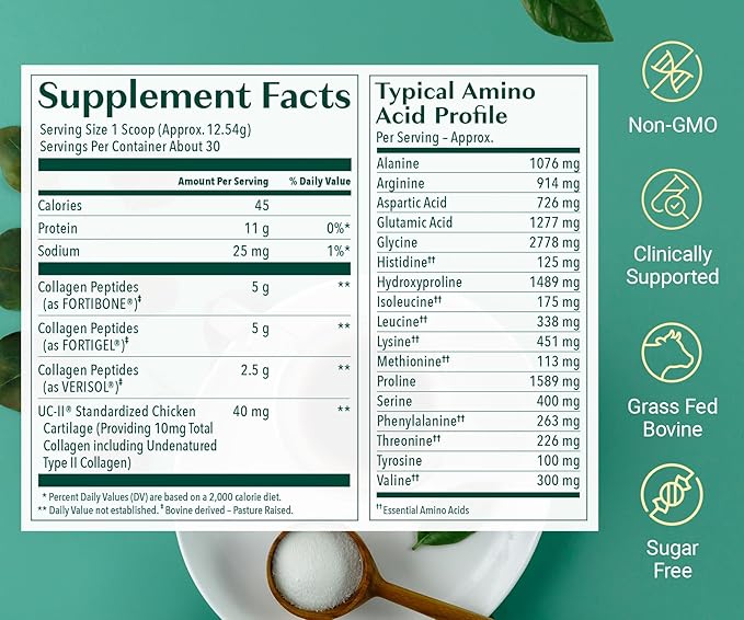 ALGAECAL Collagen - 4 Clinically-Supported Peptides VERISOL®, FORTIGEL®, UC-II®, FORTIBONE®, Anti-Aging Hydrolyzed Collagen Powder, 60 Servings, Made in USA