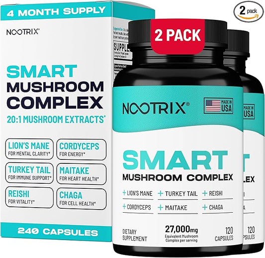 Smart Mushrooms Complex Supplement | Supports Memory, Mental Focus, Cognitive Health & Energy | 27,000mg Organic Mushrooms | Lions Mane, Reishi, Cordyceps, Chaga & Turkey Tail | 240 Capsules