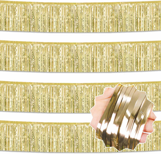 4 Pack 10 Ft Light Gold Foil Fringe Garland Metallic Streamers Tinsel Banner Wall Hanging Garland Backdrop for Parade Floats, Halloween, Christmas, Thanksgiving, New Year Party Decorations