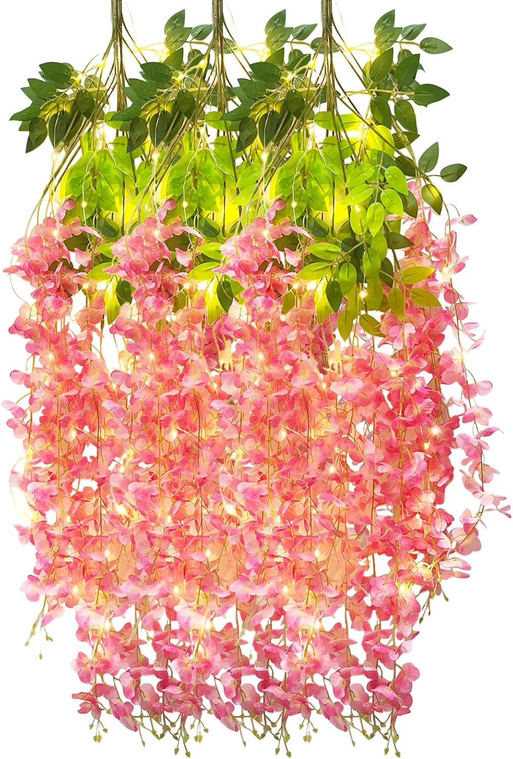 12 Pack Dark Pink Wisteria Hanging Flowers Garland with Lights, 3.44 Feet Artificial Flower Vines, Fake Wisteria, Artificial Vines Hanging Garland for Backdrop Outdoor Patio Garden Decor