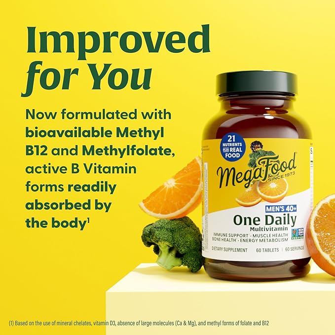 MegaFood Men's 40+ One Daily Multivitamin for Men With Vitamin B, Vitamin D3, Selenium, Zinc & Real Food - Immune Support, Energy Metabolism, and Muscle & Bone Health – Non GMO; Vegetarian - 90 Tabs