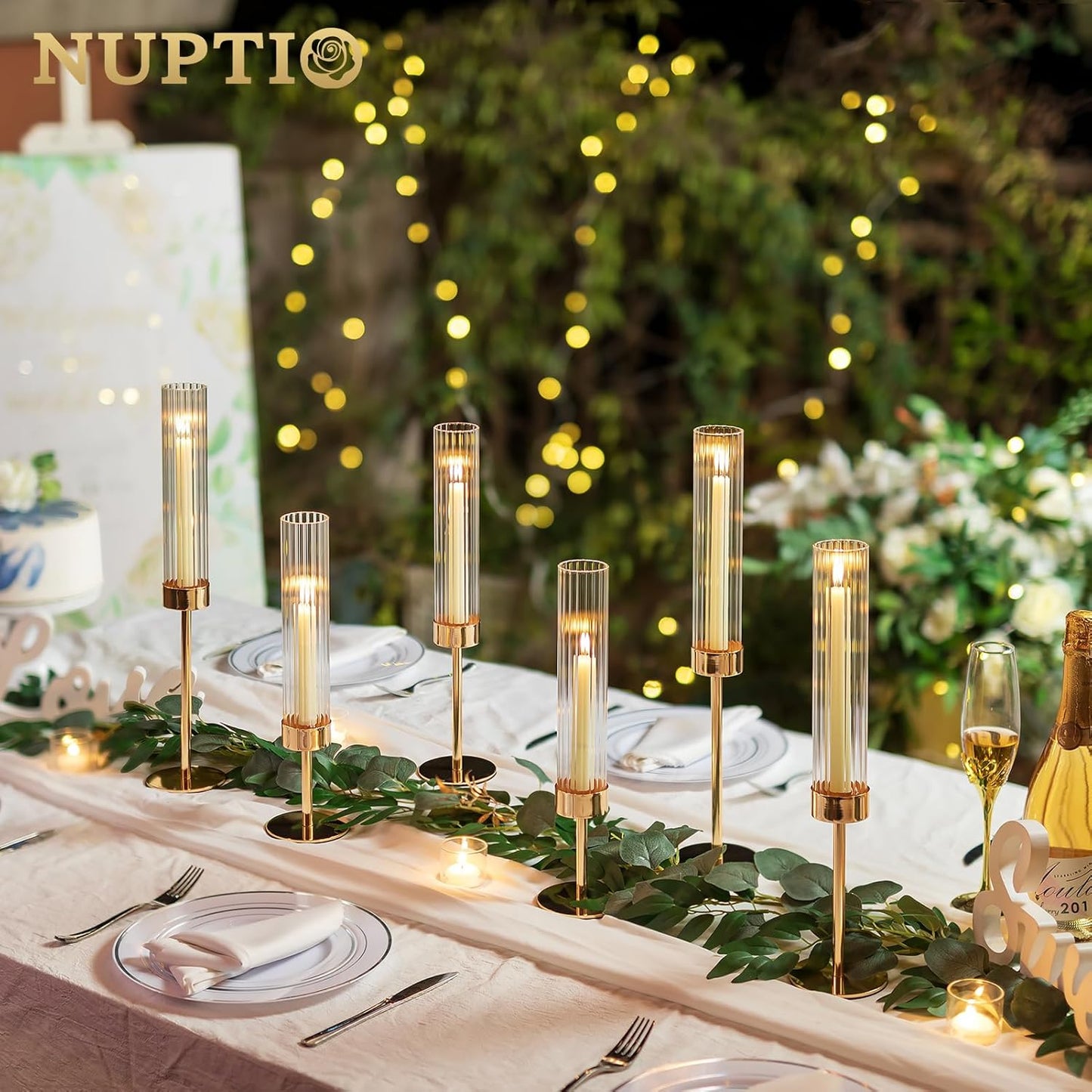 NUPTIO Hurricane Glass Candles Holder: 18 Pcs Gold Taper Candle Stick Holder Bulk - Modern Candlestick Decor with Tall Ribbed Chimney Sleeve for Thanksgiving Christmas Centerpiece