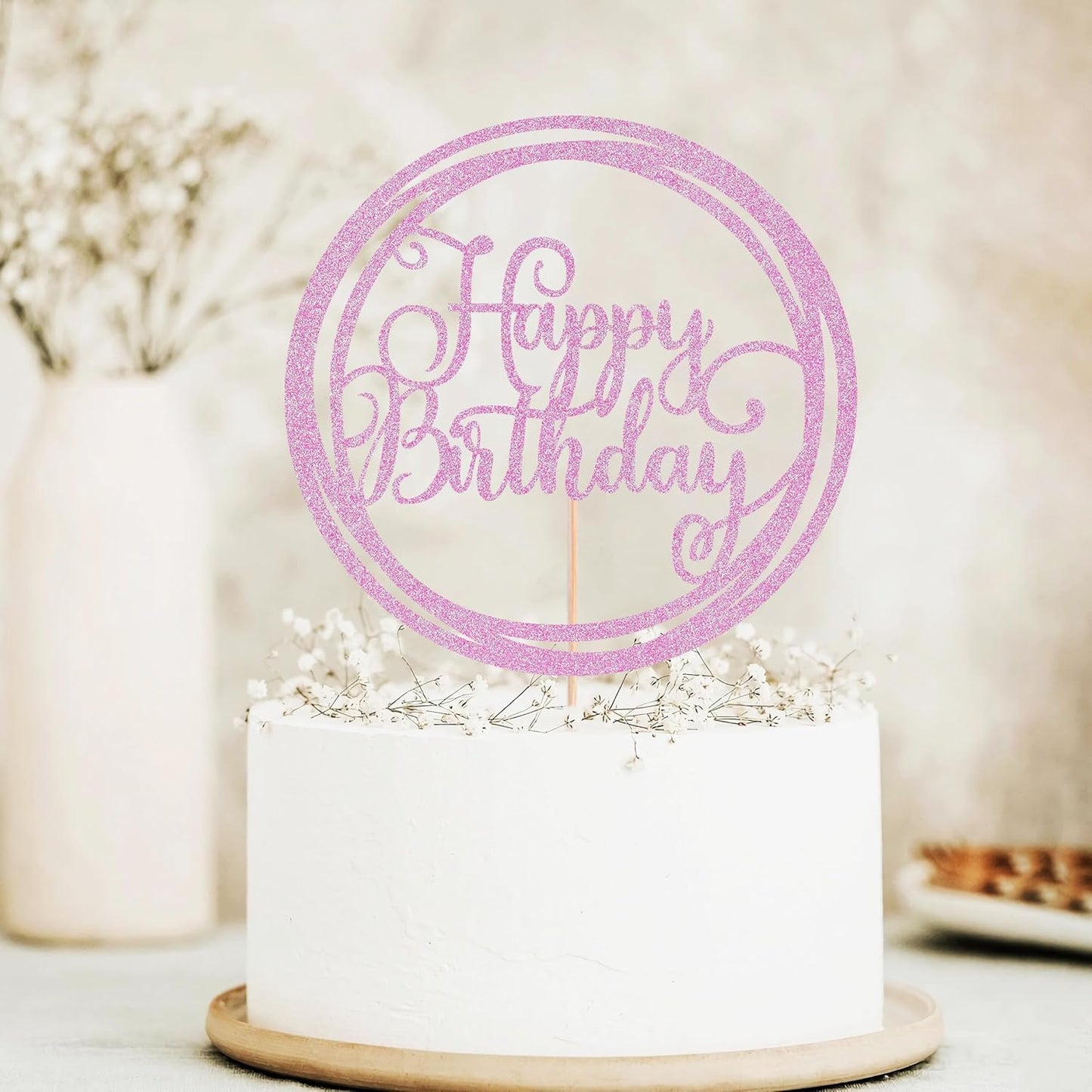 Happy Birthday Cake Topper - Pink Glitter Happy Birthday Cake Decoration Supplies for Children or Adults - Happy Birthday Cake Bunting Decor, Photo Booth Props