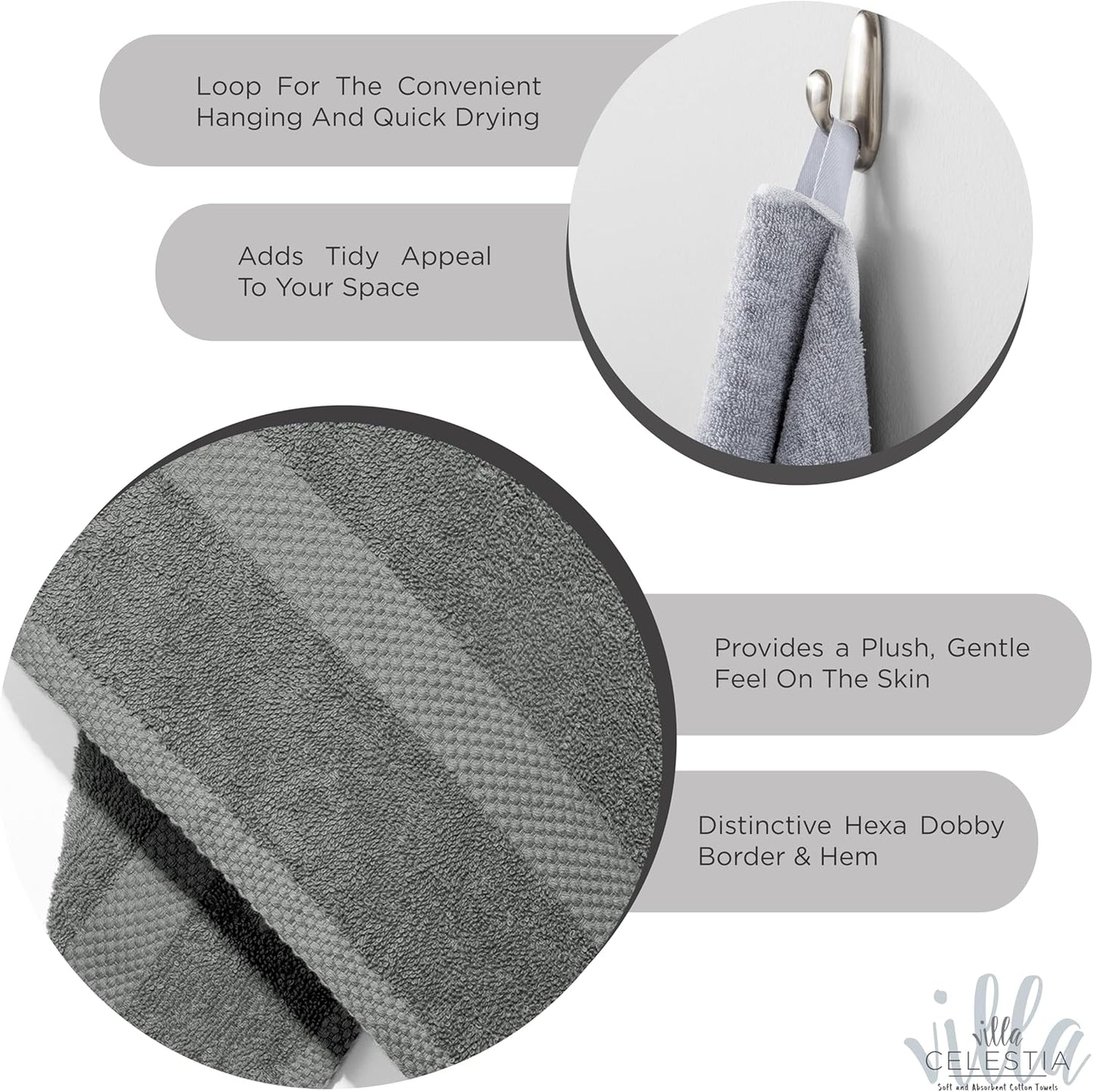 100% Cotton Hand Towel Set of 2, (16 x 28 inches) Sustainable, Soft, Highly Absorbent, Quick Drying, Combed Cotton Hand Towels Pack of 2 Ideal for Hotels, Spa, Bathroom, Dorm, Grey