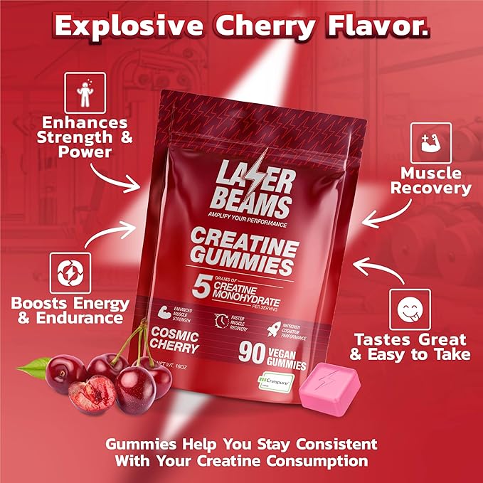 Creatine Monohydrate Gummies for Women & Men - 5g Creapure Creatine per Serving - Vegan, Cosmic Cherry Flavor - Boost Muscle Strength, Endurance, Recovery & Mental Focus (90 Gummies)