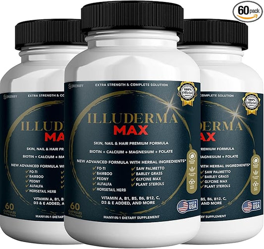Illuderma Max Hair, Skin and Nail Supplement, 60 Capsules, with Biotin 5000mcg, Vitamins and Herbal Blend (3)