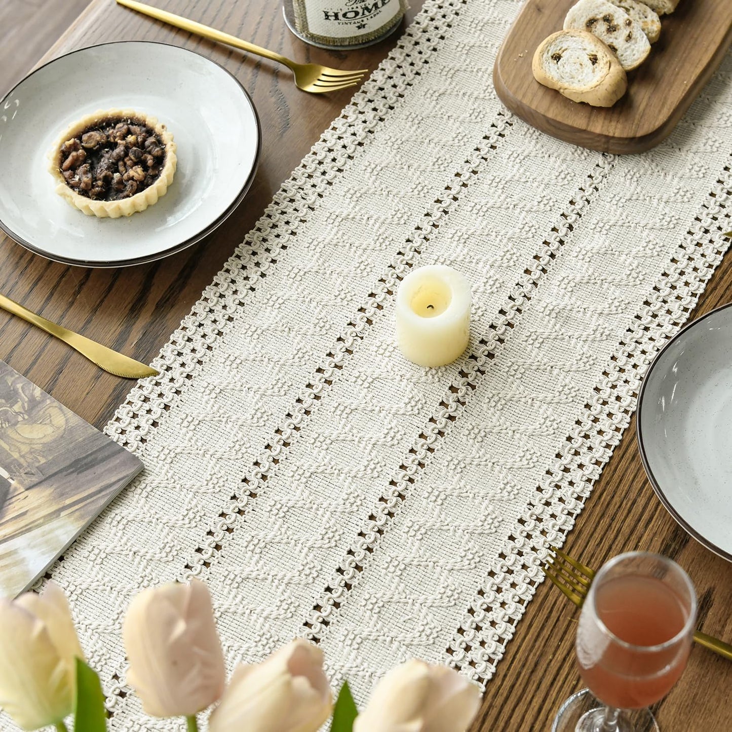 Artoid Mode Beige Farmhouse Woven Rustic Hollow Table Runner, Seasonal Holiday Hollow Kitchen Dining Table Decoration for Home Party Decor 12x72 Inch