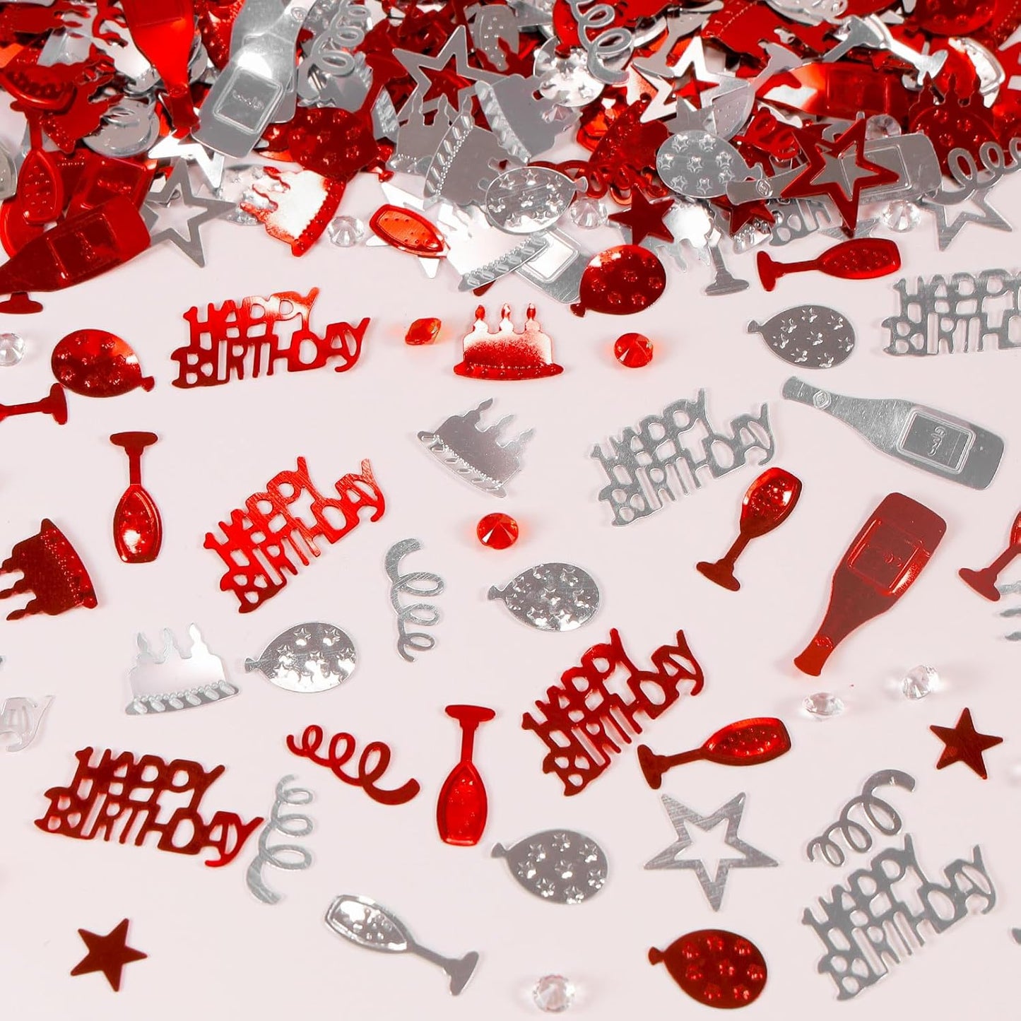 VHUWE Happy Birthday Confetti, 1.6 oz Red Silver Cake Balloon Star Goblet Bottle Glitter Confetti for Boys Girls Kids Women Men Happy Birthday Party Table Decorations Supplies