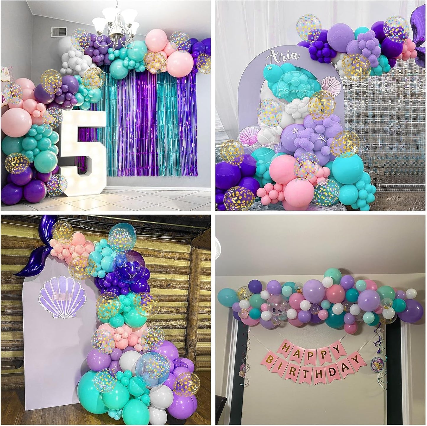 Mermaid Balloons, Pink Purple Blue Balloons, 12Inch Teal Blue Purple Pink White Party Balloon with Metallic Gold Confetti Latex Balloon for Girls Birthday Mermaid Themed Party Decorations