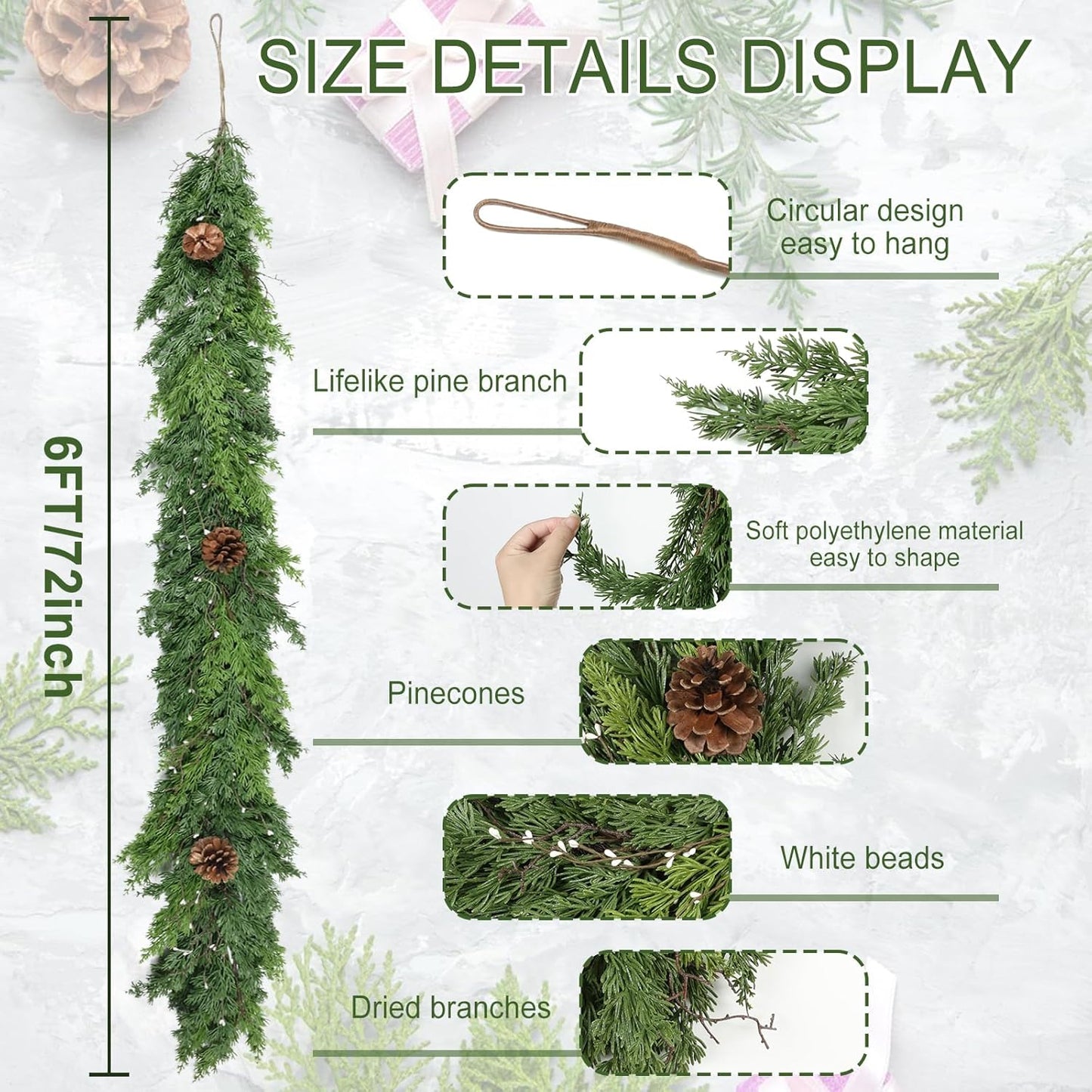 Artgar 6 Ft Christmas Cedar Garland - Realistic Greenery Cypress Garland with Pinecone - Artificial Real Touch Pine Garlands for Outdoor Home Dining Table Mantel Stair Porch Winter Xmas Decor