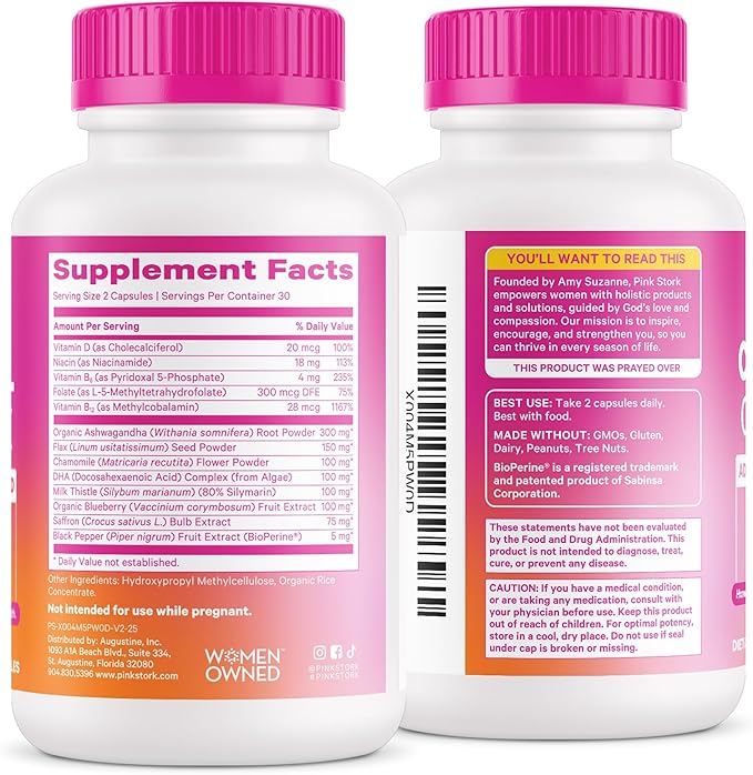 Pink Stork Cortisol Supplements for Women - Adrenal Support + Stress Manager with Organic Ashwagandha, Omega 3, Saffron, Multivitamins - Hormone Balance for Women - 60 Count