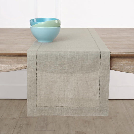 Solino Home Linen Natural Table Runner 156 Inches Long - 100% Pure Linen Extra Long Table Runner 14 x 156 Inch for Fall, Autumn, Thanksgiving, Christmas - Classic Hemstitch