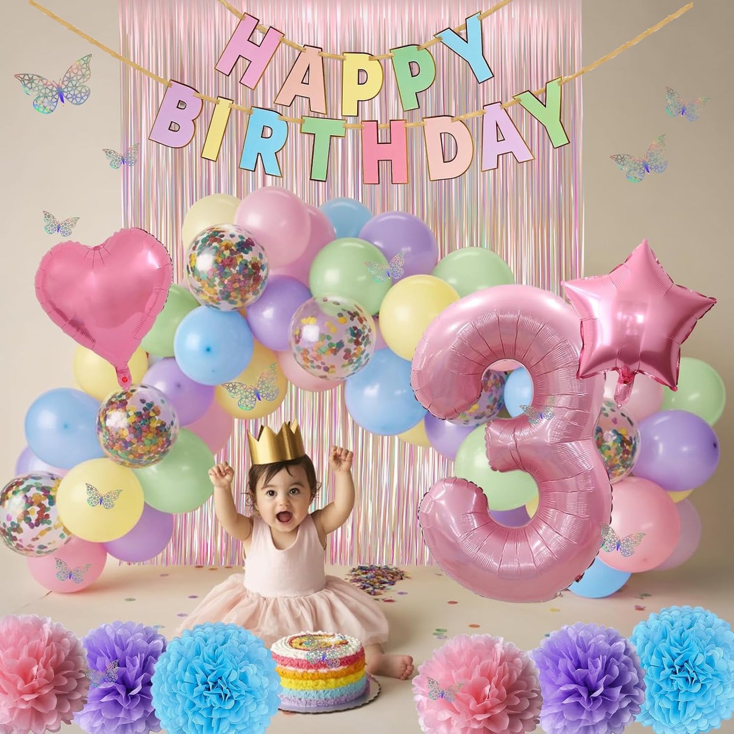 Pastel 3rd Birthday Party Decorations for Girls Number 3 Balloon Happy Birthday Banner Butterfly Stickers Fringe Curtain Paper Pom Poms Macaron Pink Star Heart Foil Colorful Balloons 3 Year Old Decor