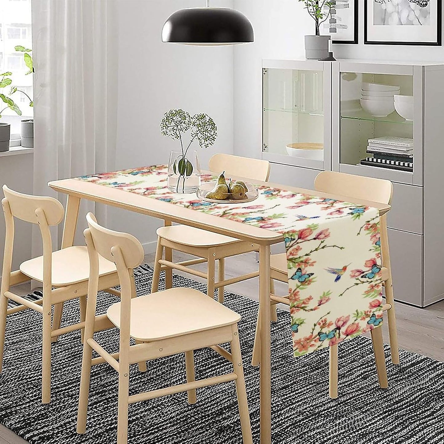 Floral Butterfly Table Runner Seasonal Spring Flower Bird Table Decoration Table Runner for Home Party Decoration 13x60 Inch