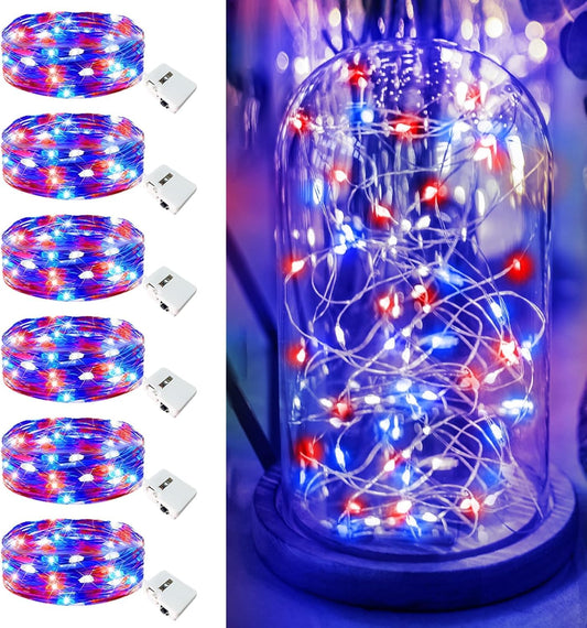 4th of July Decorations - 6 Pack Red White Blue Fairy Lights Battery Operated, 7ft 20 Led Twinkle Lights 3 Modes, Waterproof Bulk Mini String Light for Independence Day Patriotic Decorations