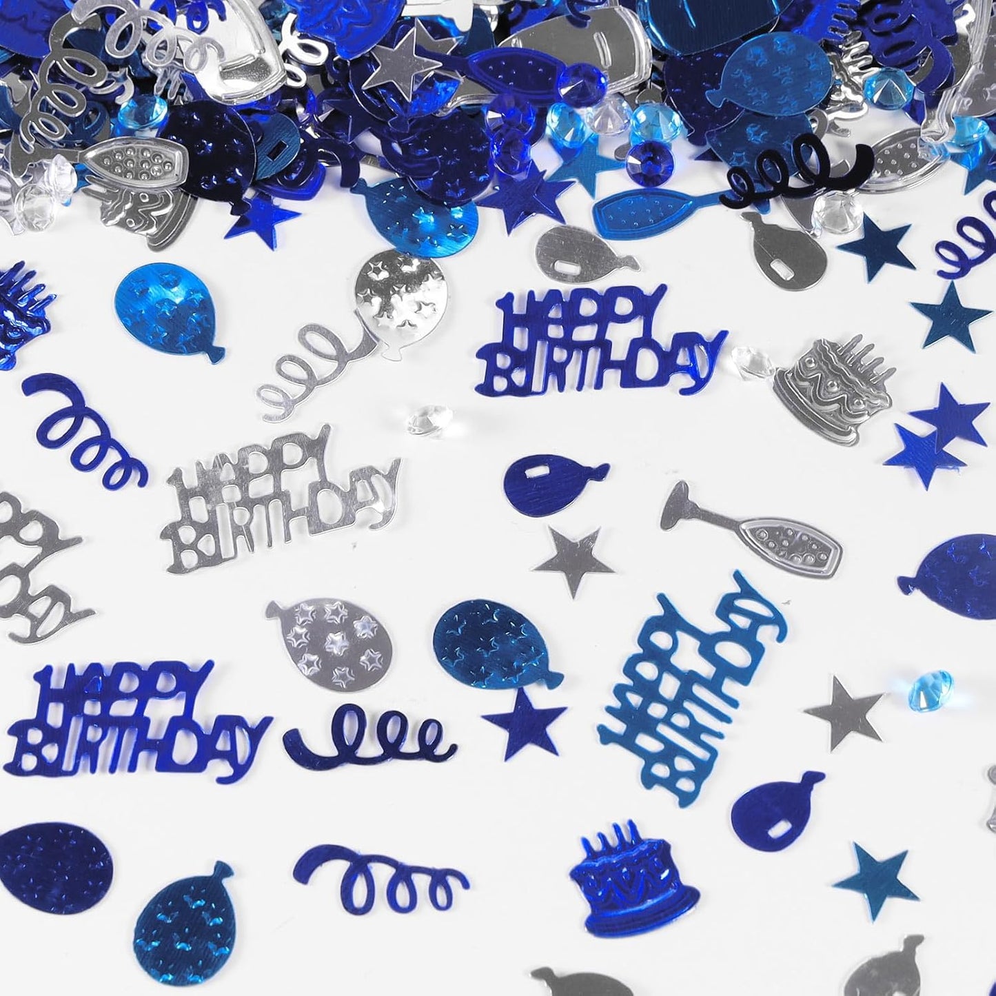 VHUWE Happy Birthday Confetti, 1.6 oz Dark Blue Light Blue Silver Cake Balloon Star Goblet Bottle Glitter Confetti for Boys Girls Kids Women Men Happy Birthday Party Table Decorations Supplies