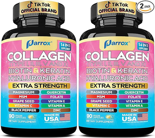 Collagen Peptides Types I, II, III, V & X, MCG Biotin, Keratin, Hyaluronic Acid, MSM, Zinc, Grape Seed Extract, Quercetin, Vitamin A, C & E, Folate, Black Pepper, Magnesium, Folic Acid (2 Pack)