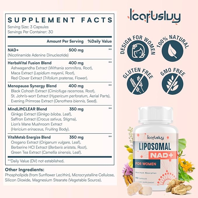 2000MG NAD+ Supplement for Women, with Ashwagandha, Maca, Black Cohosh & Ginkgo Biloba, NMN Alternative, Max Absorption - Liposomal NAD+, Menopause, Focus, Energy, Aging Combat, 720 Capsules