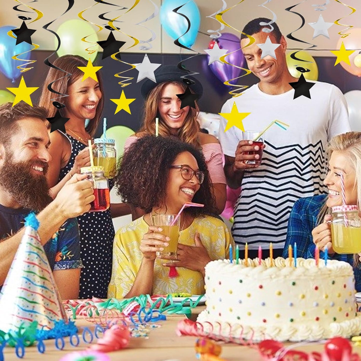 BEISHIDA Black Gold Silver Star Hanging Swirl Decorations,Graduation Birthday Hanging Party Supplies for Graduation Wedding Baby Shower Birthday Decorations,Pack of 15