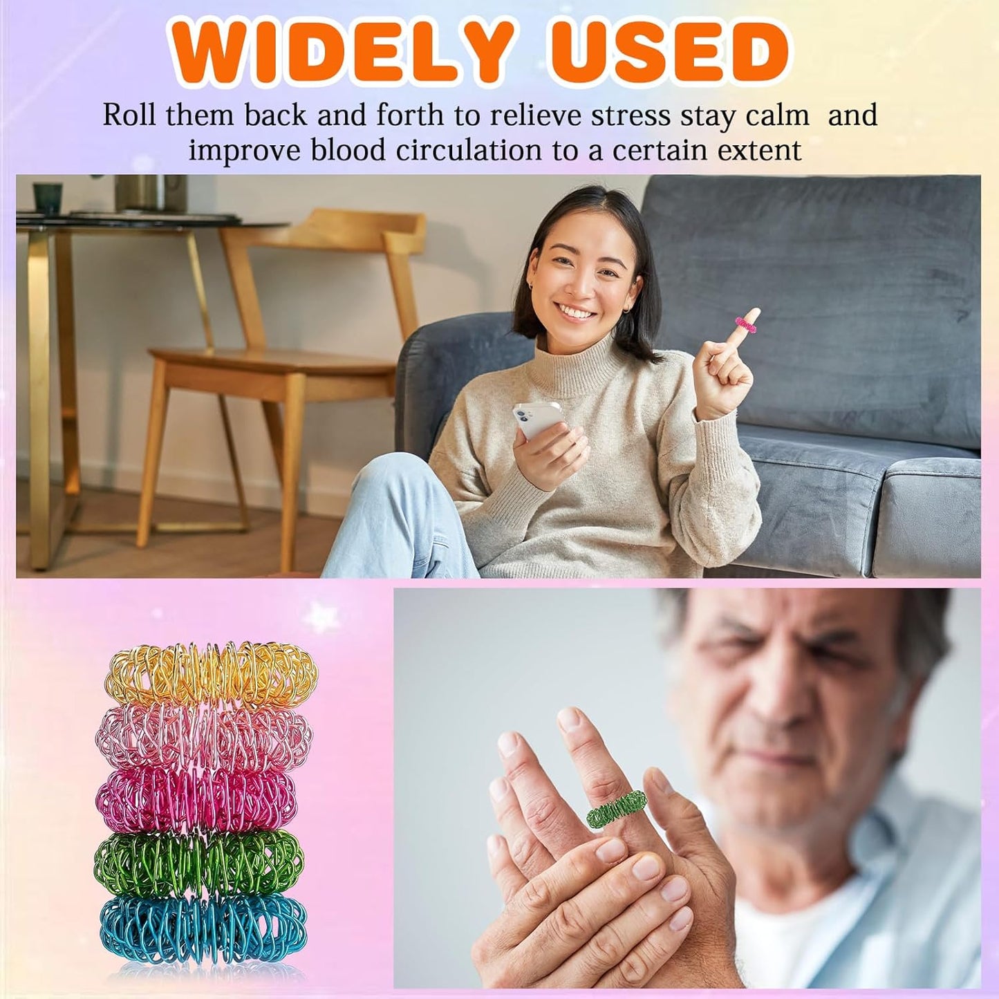 100 Pack Spiky Sensory Finger Rings, Acupressure Spiky Sensory Finger Rings for Adults, Silent Stress Reducer and Massager Fidget Ring for Anxiety for Men, Women(Vivid Colors)