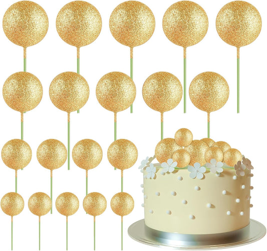 ASTARON 20 Pcs Mini Balloons Cake Topper Sticks - Glitter Gold Ball Picks for Christmas Birthday Decorations