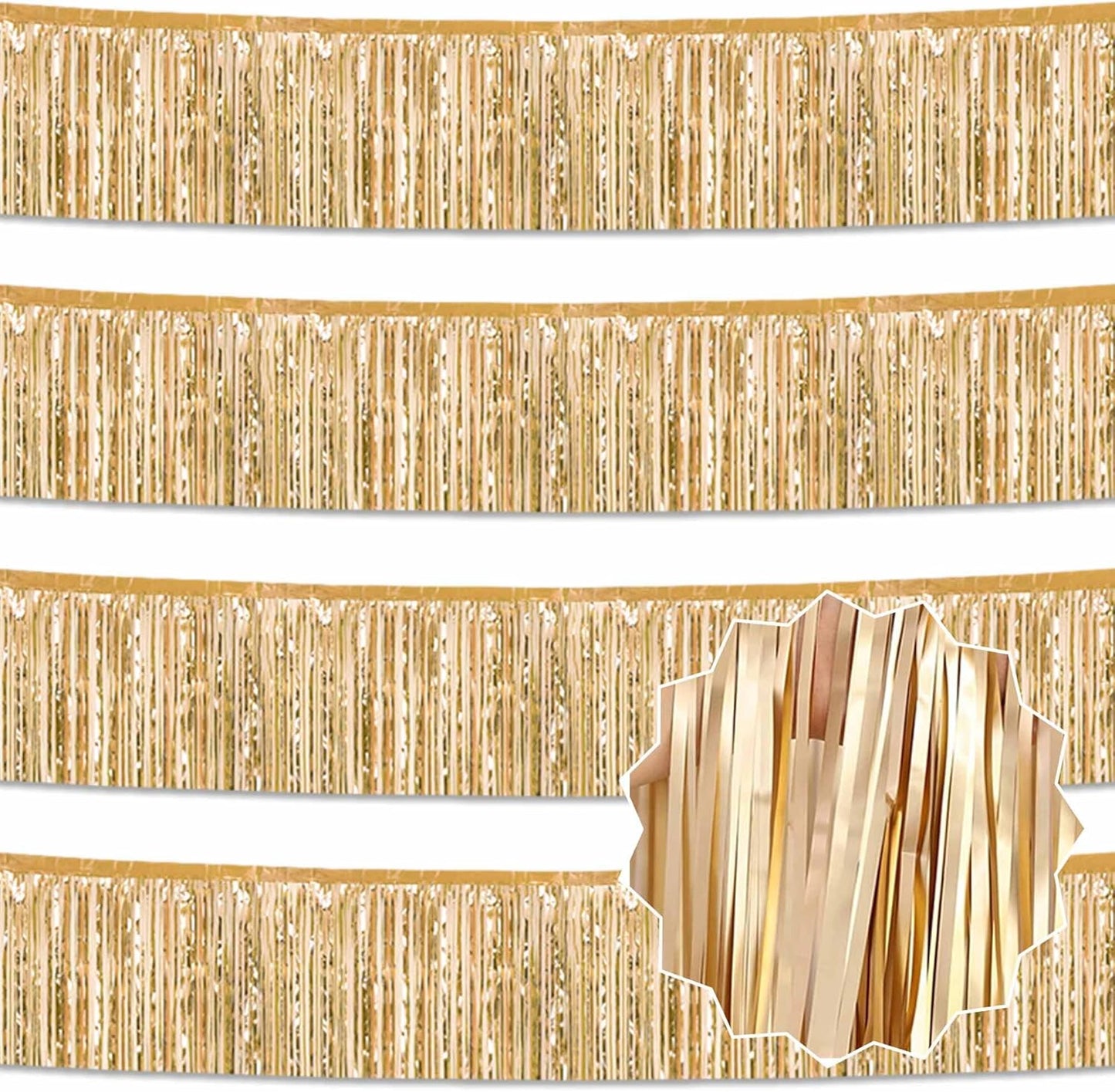 4 Pack 10 Ft Champagne Gold Foil Fringe Garland Metallic Streamers Tinsel Banner Wall Hanging Garland Backdrop for Parade Floats, Halloween, Christmas, Thanksgiving, New Year Party Decorations