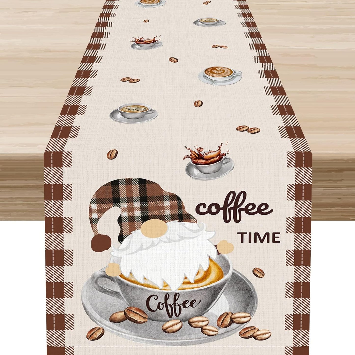 Coffee Time Table Runner, Farmhouse Retro Gnome Coffee Cup Tea Party Cafe Table Center Decor for Home Kitchen Dining Patio Holiday Party Indoor Outdoor Table Decorations,13"x72" Inch