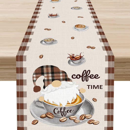 Coffee Time Table Runner, Farmhouse Retro Gnome Coffee Cup Tea Party Cafe Table Center Decor for Home Kitchen Dining Patio Holiday Party Indoor Outdoor Table Decorations,13"x36" Inch