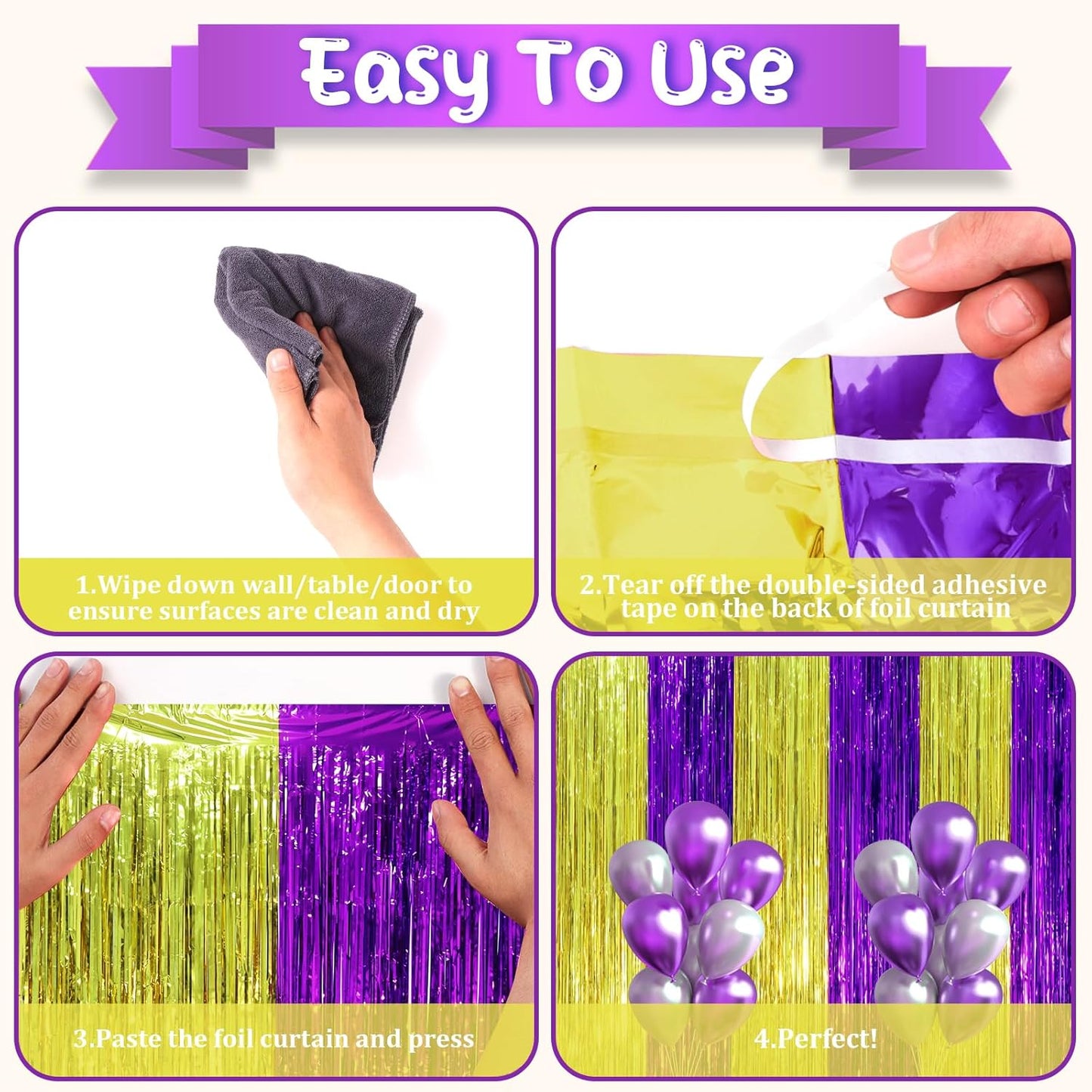 2 Pack Purple and Gold Foil Fringe Backdrop Curtains, Tinsel Streamers Party Decorations, Fringe Backdrop, Door Shimmer for Graduation or Birthday Party