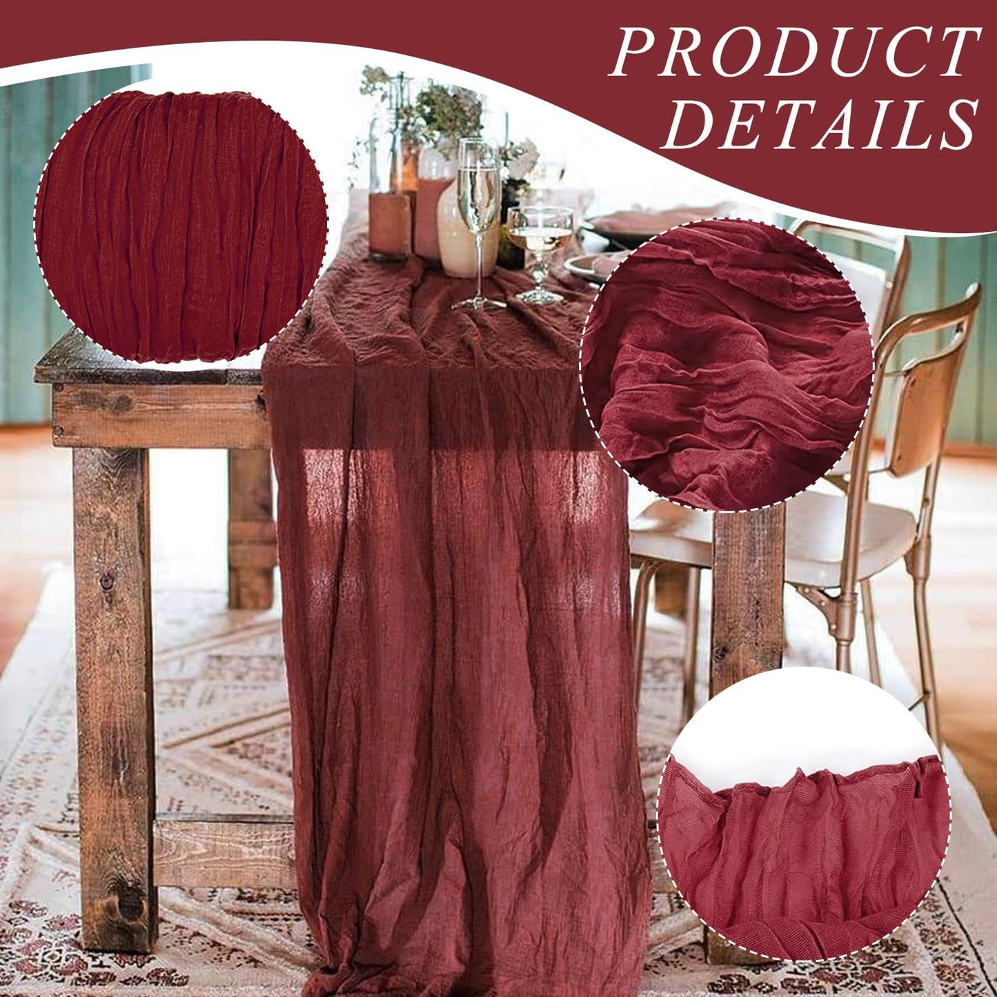 6 Pack Cheesecloth Table Runner 10Ft Christmas Gauze Boho Table Runners for Wedding Decor Bridal Shower Decorations Baby Shower Party(35" x 120")