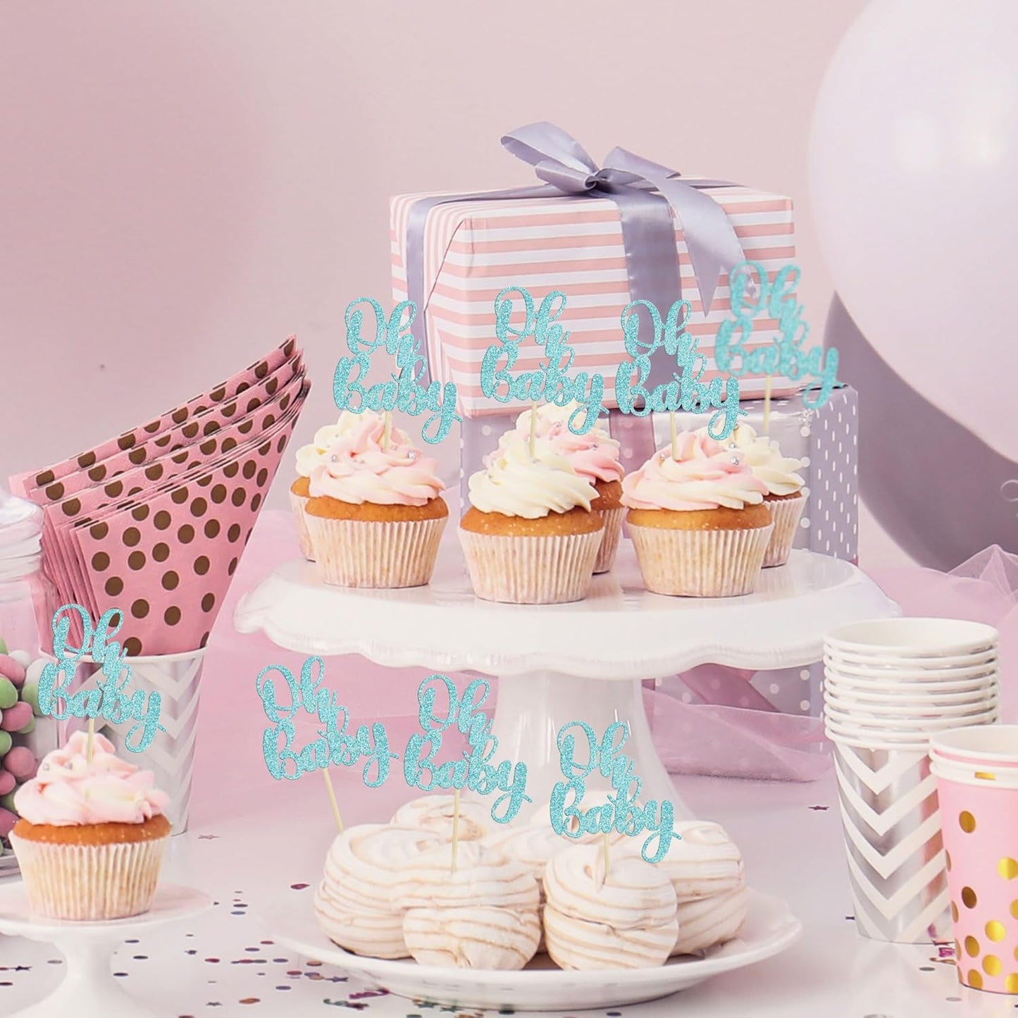 Gyufise 36Pcs Oh Baby Cupcake Toppers Glitter Baby Shower Cupcake Picks Oh Baby Cake Pick for Baby Shower Kids Boys Girls Birthday Party Cake Decorations Supplies Light Blue