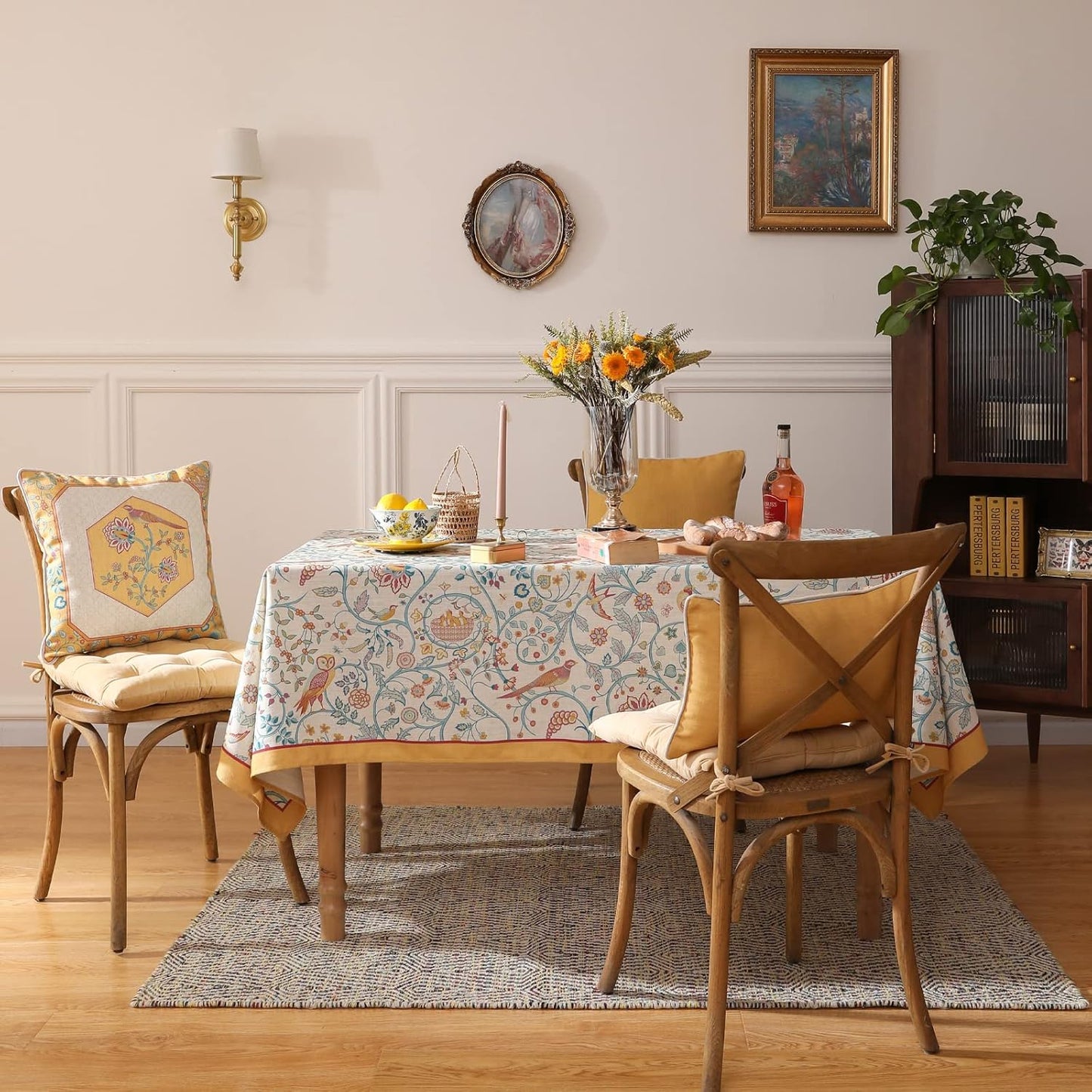 patdrea Designer French Tablecloth for Rectangle Table,Floral Birds Pattern Linen Long Table Cloth,Yellow Decorative Cover for Kitchen Dining Banquet,Christmas,Thanksgiving,63"x94"-Magnolia