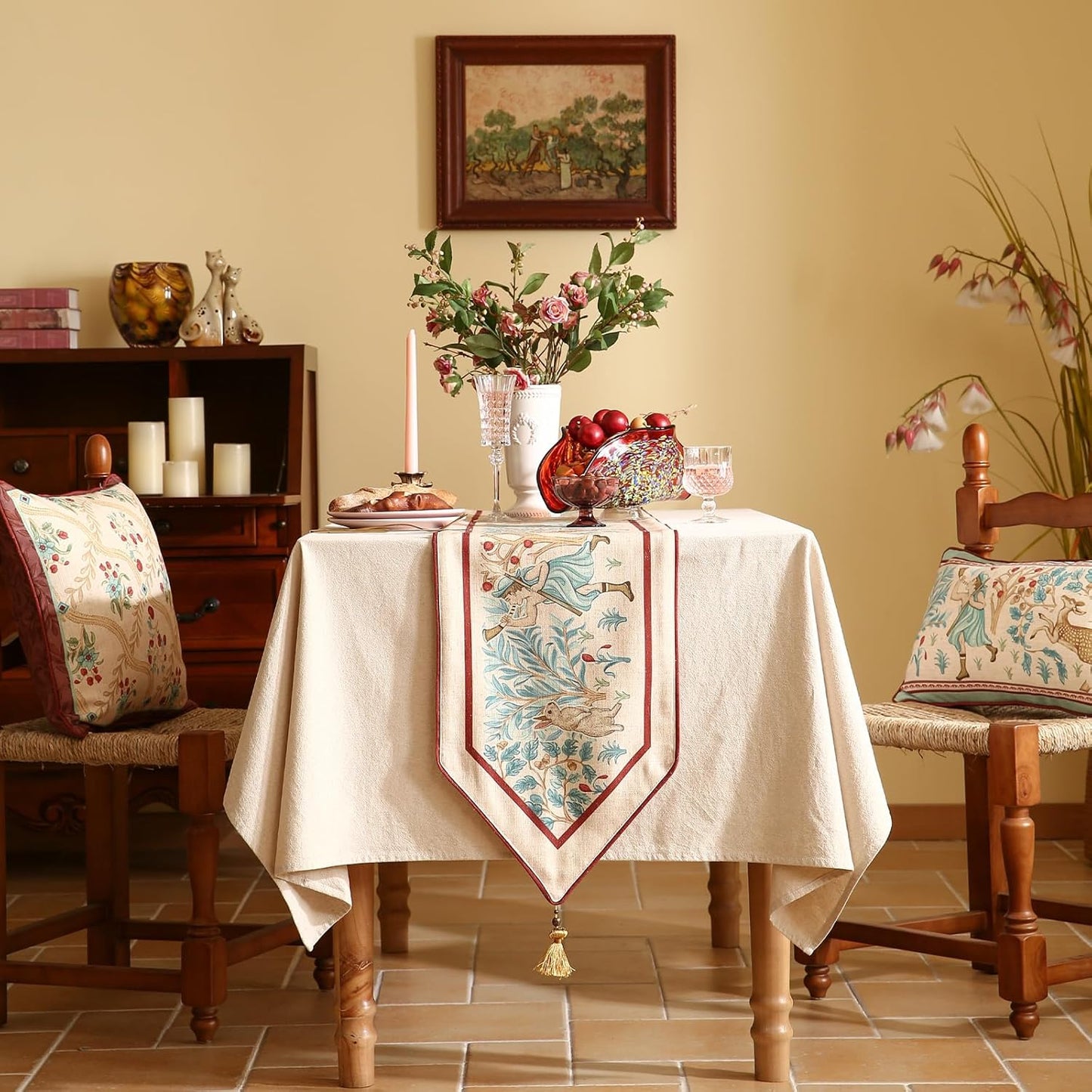 patdrea Designer Idyll Linen Extra Long Table Runner,Vintage Beige Farmhouse with Ancient Spring Figure and Animal Pattern Table Mat, Decoration for Kitchen Dining Banquet Christmas ,12"*102"