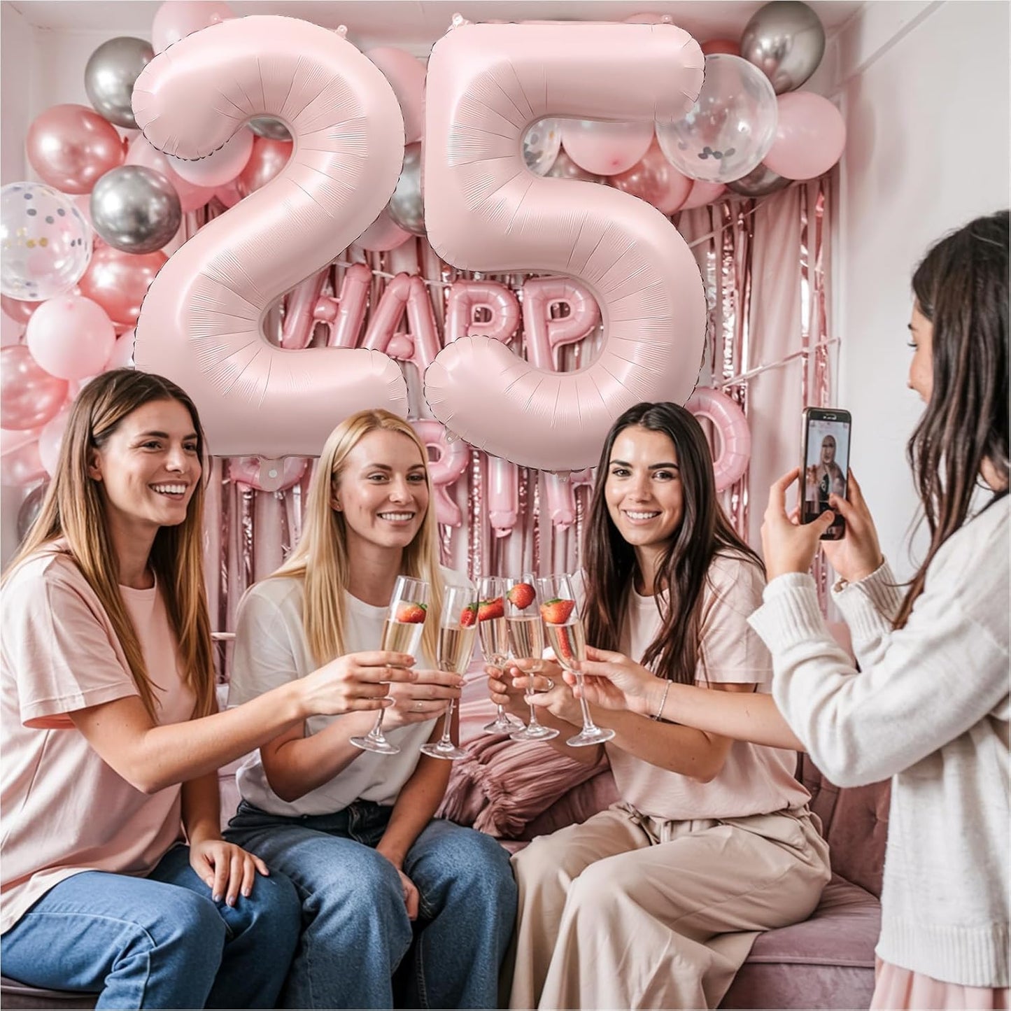 Pastel Pink 25 Balloon Number for Girls, 40'' Self Inflating Number 25 Balloons, Big Light Blush Pink Foil 2 & 5 Helium Balloon 25 for Women Boho Coquette 25th Birthday Party Graduation Decorations