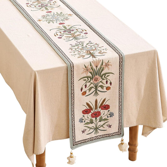 ISAENNE Designer French Country Linen Table Runner 102 Inches Long,Elegant Colorful Floral Pattern Table Runners for Dining Tables,Thanksgiving,Christmas,Kitchen Decor,12"*102"-Serenity F