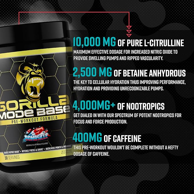 Gorilla Mind Base Pre Workout - Raises Nitric Oxide Intense Focus & Drive Endurance Power - L-Citrulline, L-Tyrosine, Betaine, Alpha-GPC, Caffeine, Huperzine A - 360 Grams (Volcano Burst)