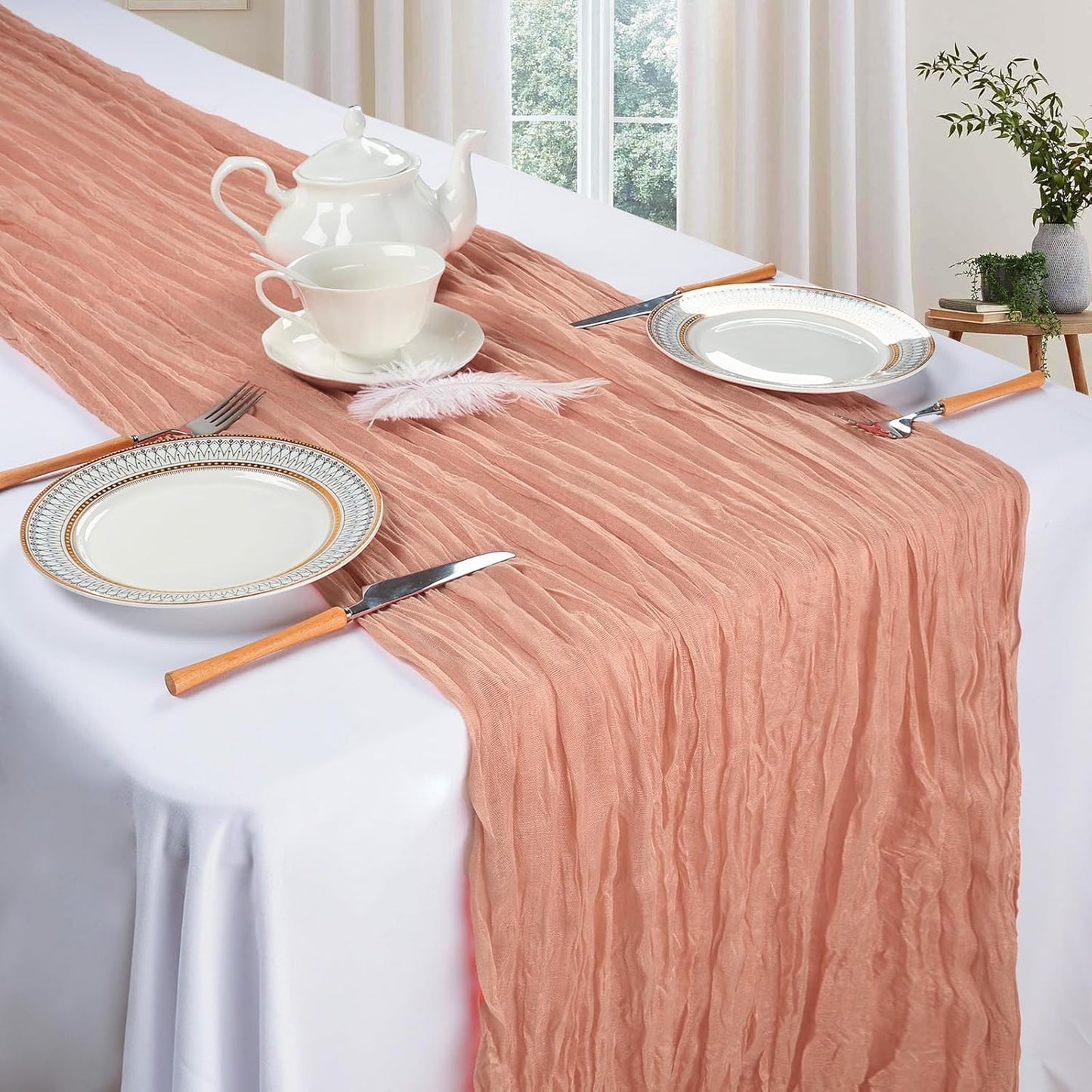 12 Pack Peach Cheesecloth Table Runner 10ft Boho Gauze Fabric Cheese Cloth Table Runner 35 x 120 Inch Rustic Sheer Runner for Romantic Wedding Decor Baby Shower Party Table Centerpiece Decoration
