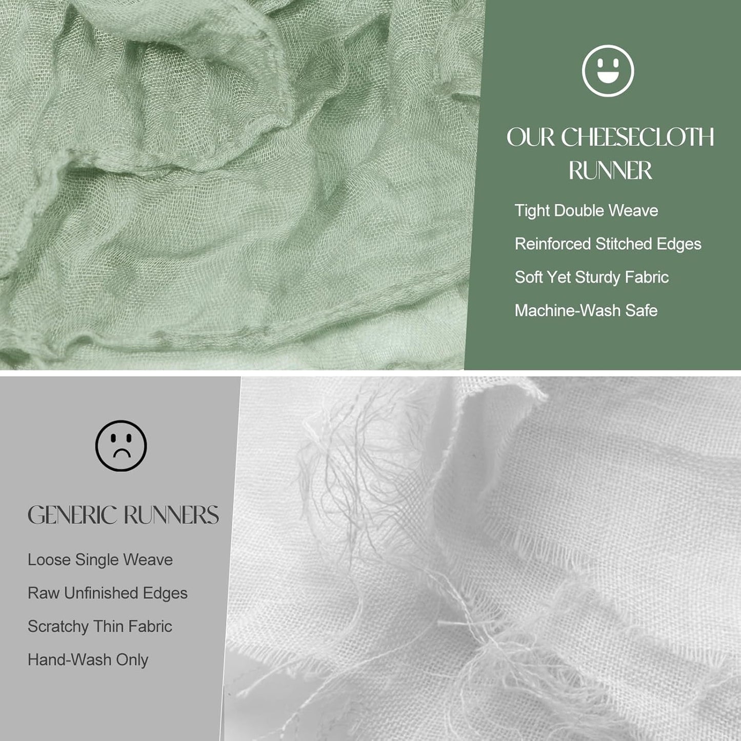 2 Pcs Sage Green Cheesecloth Table Runner - 120 inch 10FT Boho Rustic Gauze Cheese Cloth Table Runner Decor for Spring Summer Party Wedding Birthday Baby Bridal Shower Home