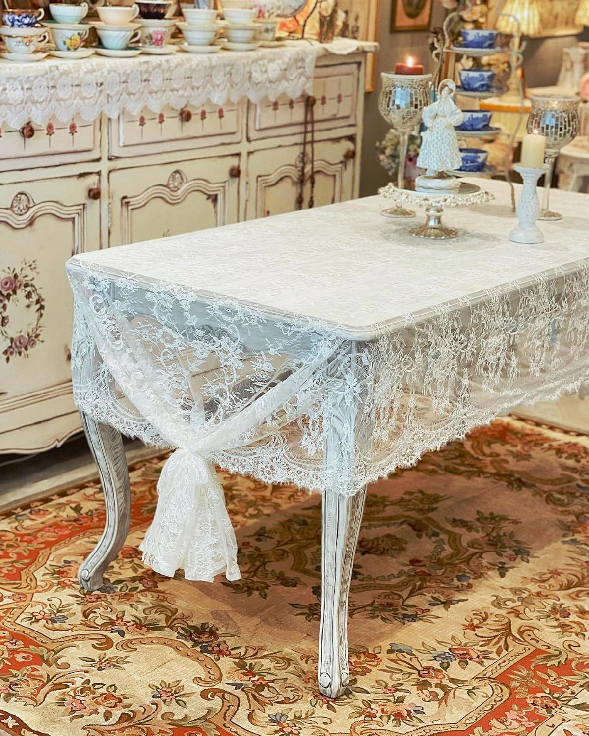 Lace Tablecloth White Wedding Tablecloths 60x120 Inch Vintage Rustic Farmhouse Table Fabric for Romantic Wedding Table Decorations
