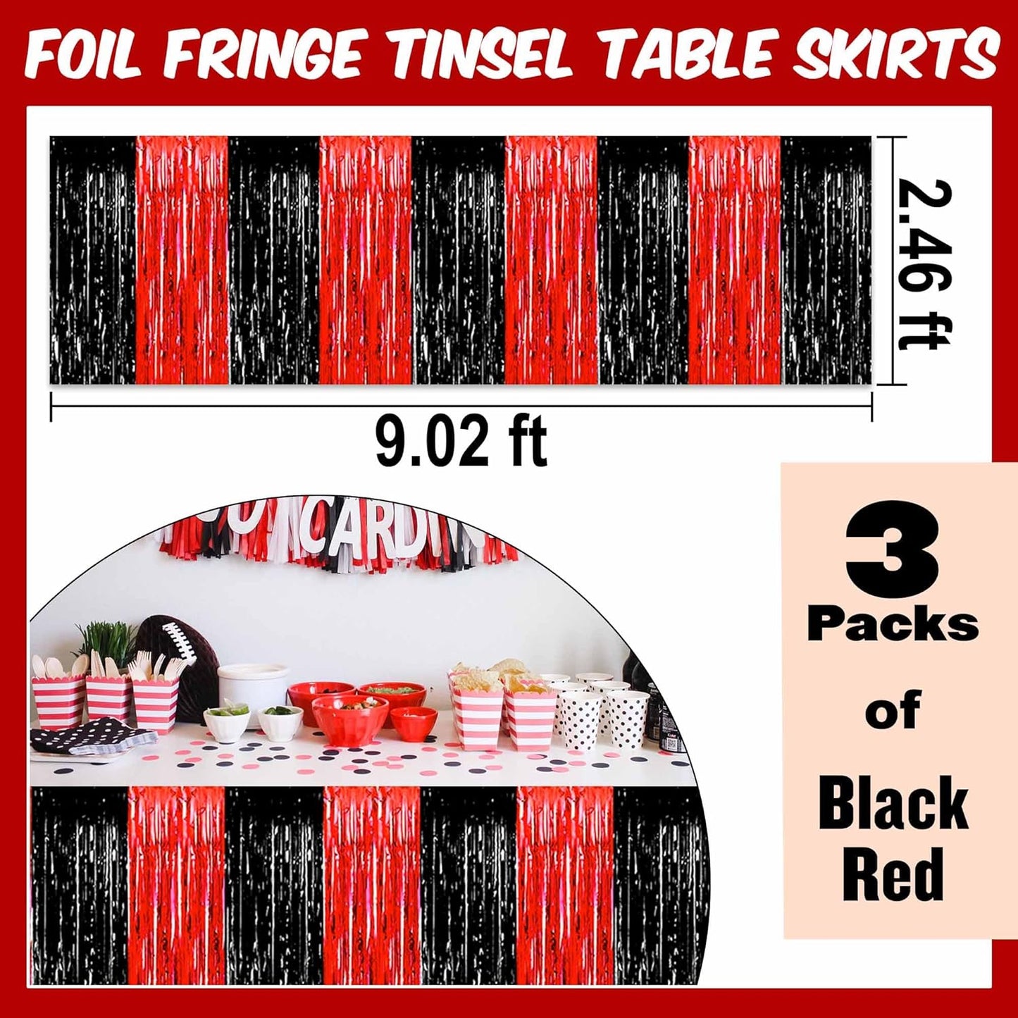 3 Pack 29 x108 Inch Black and Red Foil Fringe Table Skirts Metallic Banner for Tinsel Streamer Garland Backdrop for Parade Floats Mother's Day, Graduate, Birthday, Wedding Party Decoration