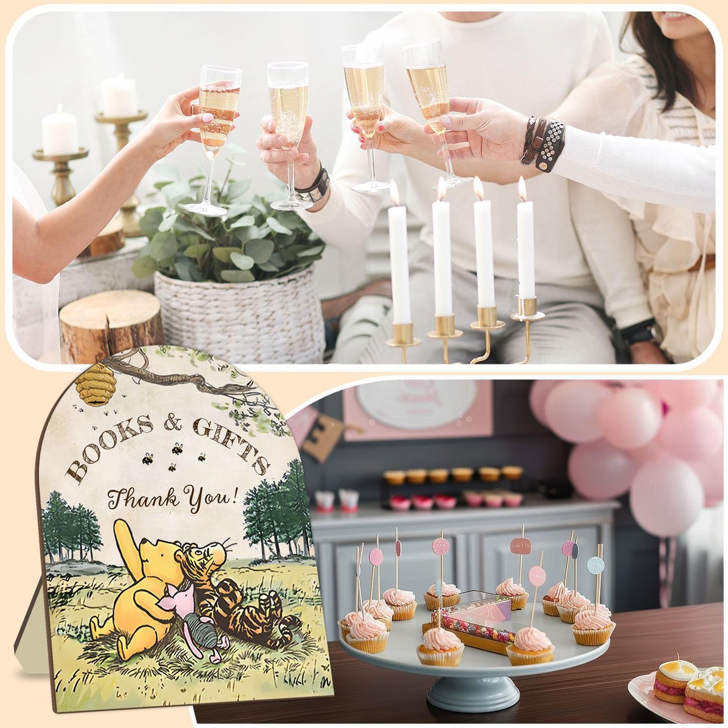 Winnie Books and Gifts Sign, Classic Winnie Thank You Wooden Sign, Bridal Shower Baby Shower Favors, Cute Aniamls Decor Thank You Sign with Stand for Baby Shower Party 8 * 10IN