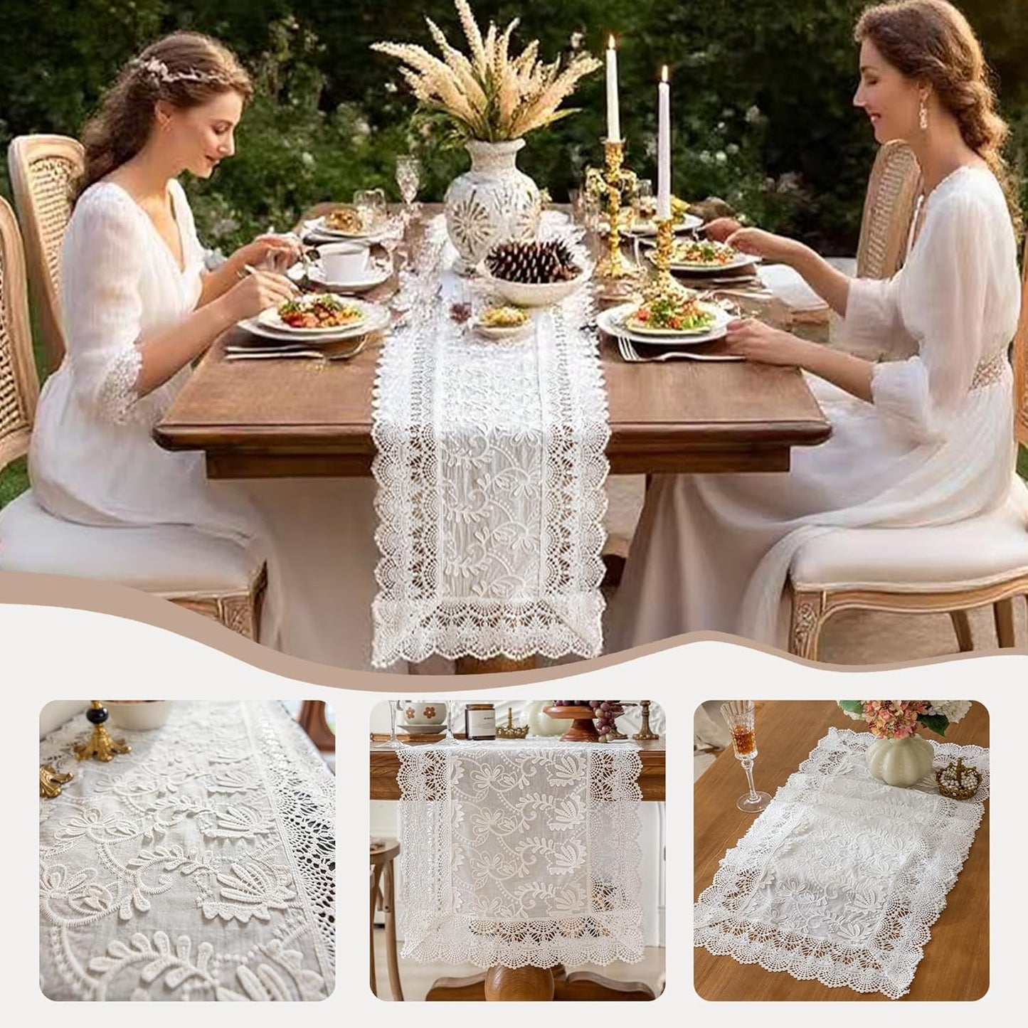 White Elegant Vintage Lace Table Runner,Wedding Lace Decor with Floral Embroidery,Tea Party Decor (White, 13.8X55 Inches)