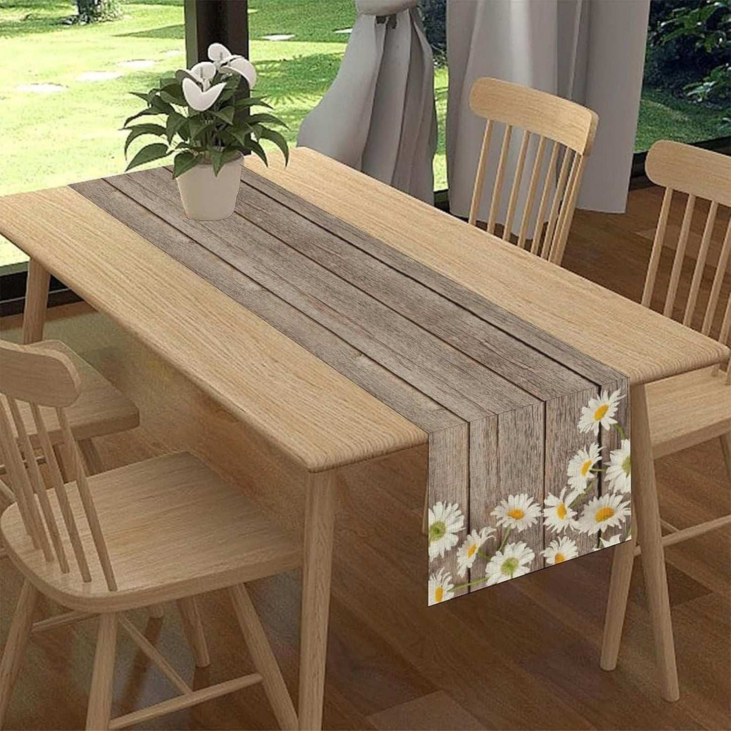 Farmhouse Floral Table Runner, Spring Seasonal Daisy Flower Retro Wooden Country Table Center Decor for Home Kitchen Dining Patio Holiday Party Indoor Outdoor Table Decorations, 13"x72" Inch