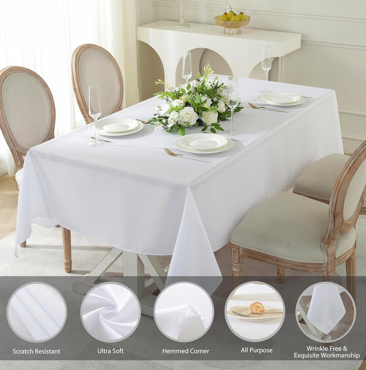 Craft And Party Rectangle Tablecloth, 90 x 132 Inch White Tablecloth, 8ft Rectangle Table Cloth, Polyester Fabric Washable Tablecloth for Home, Party, Wedding or Restaurant Use.