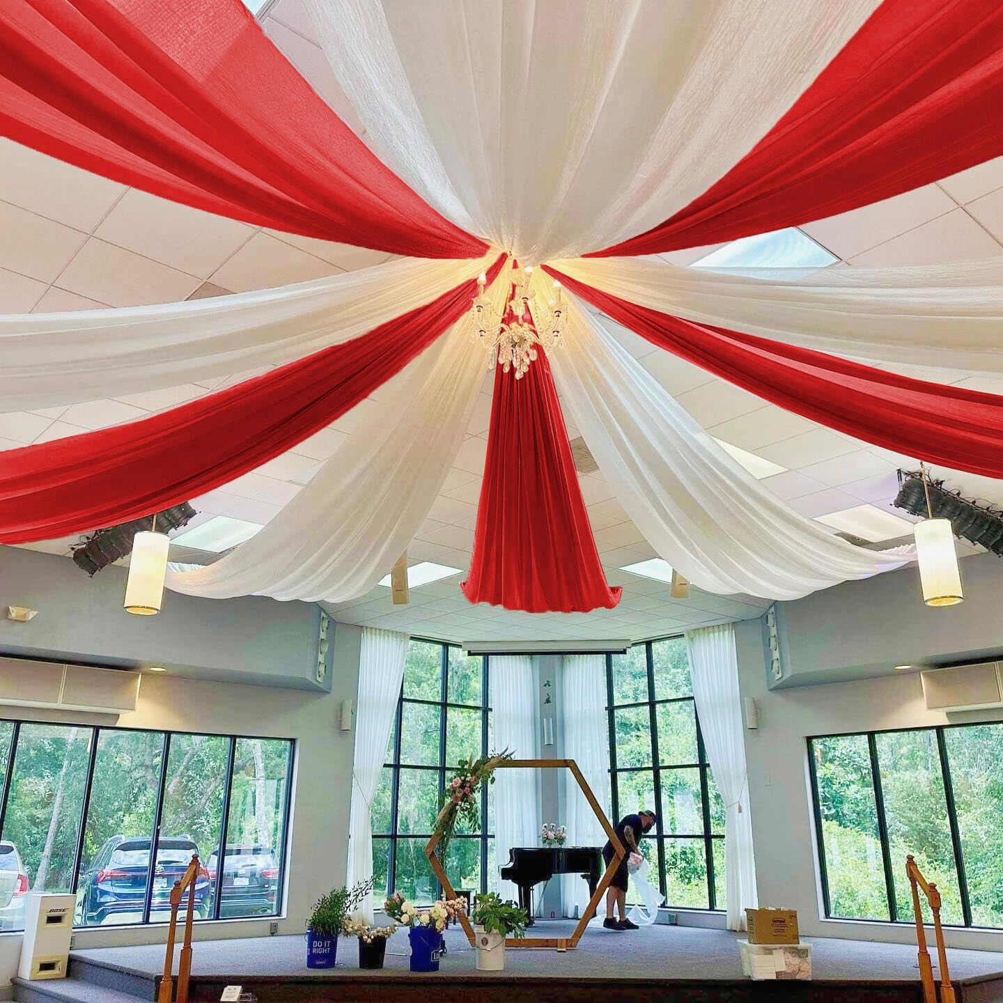 MODFUNS Red Ceiling Drapes for Weddings 5x30ft 6 Panels Chiffon Ceiling Curtain Sheer Fabric for Draping Tulle Arch Drapery Fabric Semi Sheer Backdrop Curtains for Ceremony Hall Ceiling Decor